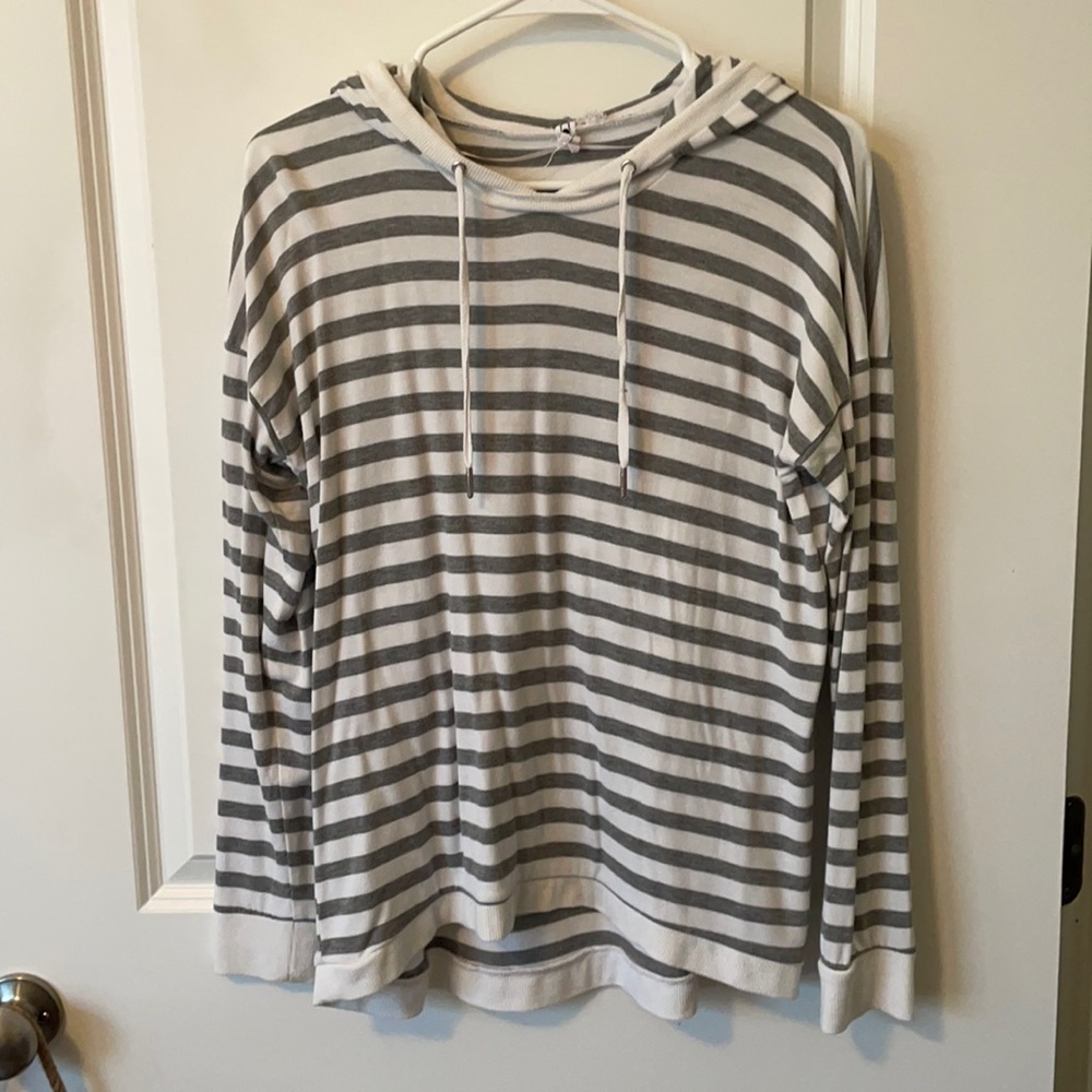 White and Gray Striped Hooded Cable & Gauge Top